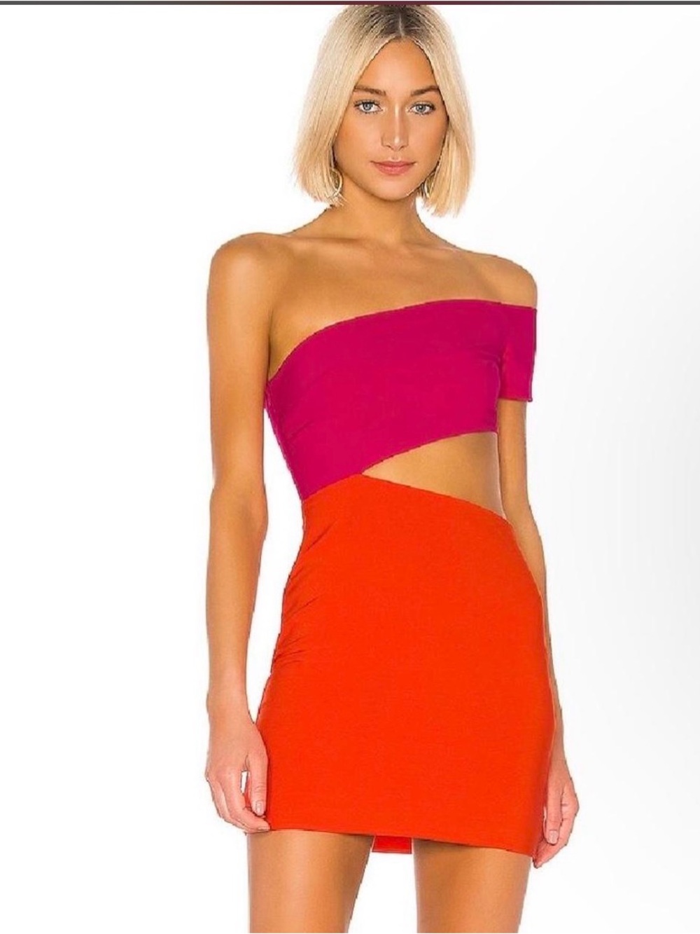 Lovers + Friends One-Shoulder Mini Dress in Fuchsia and Red-Orange